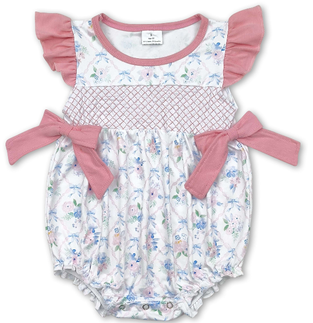 Flutter Sleeves Floral Bow Baby Girls Summer Romper
